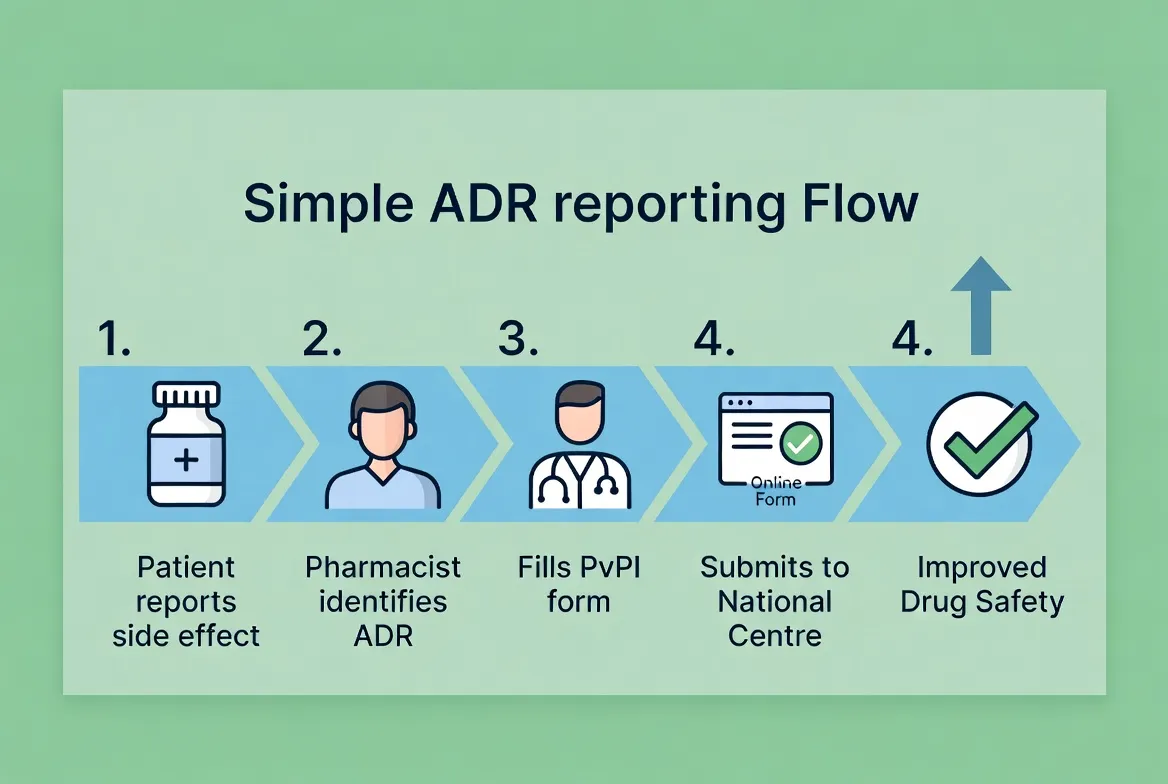 ADR reporting process and PvPI flow chart for D.Pharm students 2026